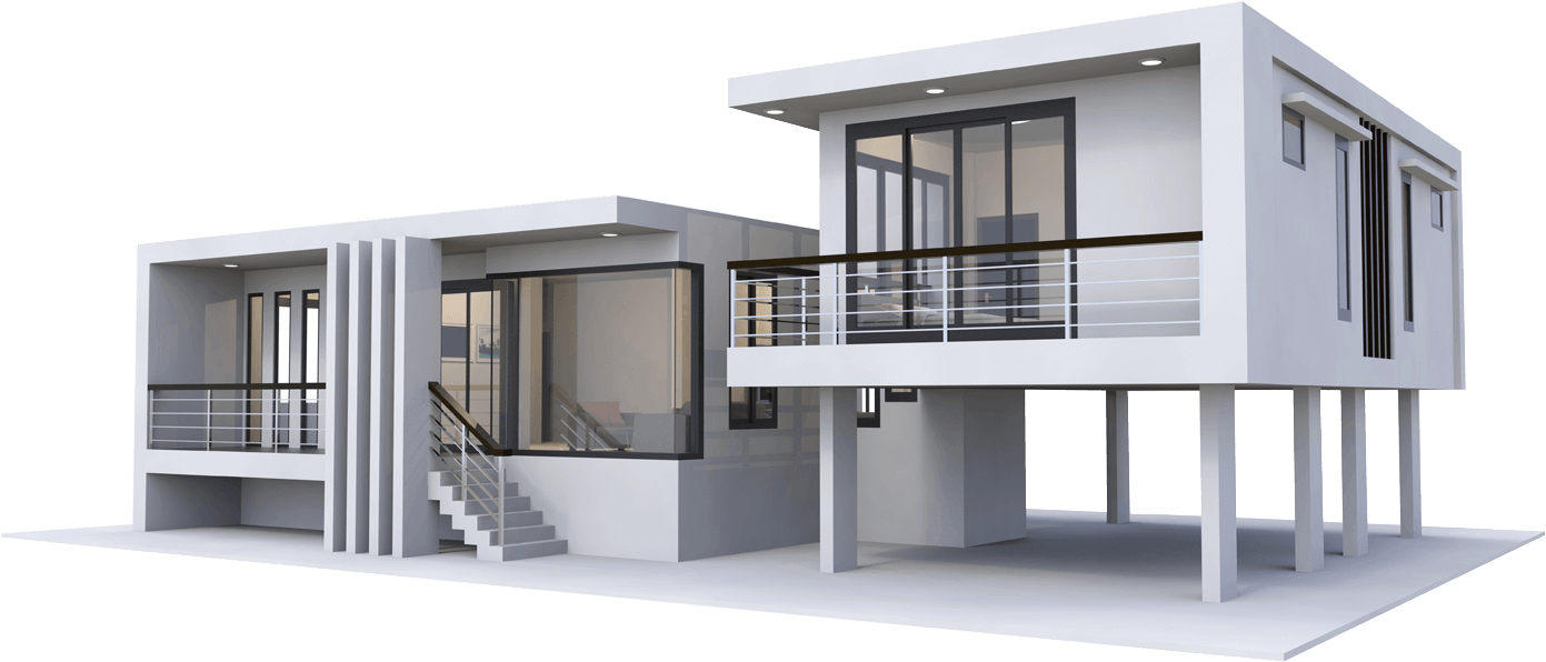 Modernes, zweistöckiges Wohnhaus mit großen Fenstern, Balkon und einer Außentreppe